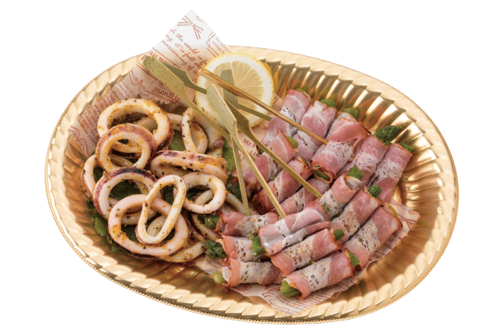 アスパラベーコン串＆イカリングレモンハーブ